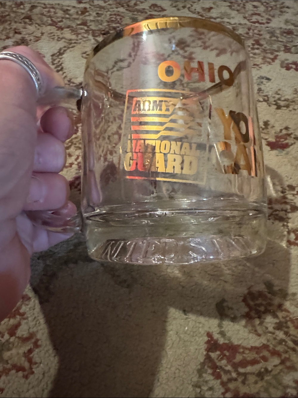 Clear Glass Coffee Mug with Gold National Guard Logo